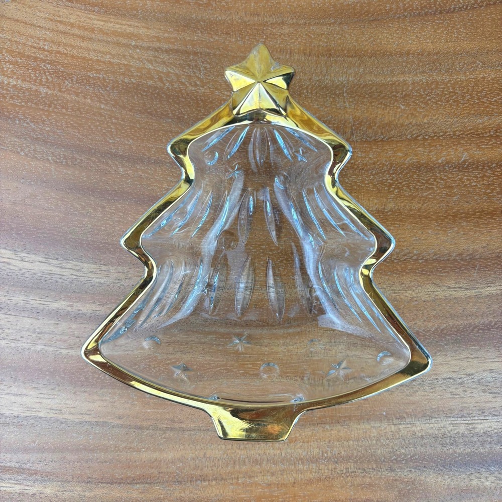 Vintage Glass Christmas Tree Candy Dish Gold Trim Pressed Glass Holiday Trinket